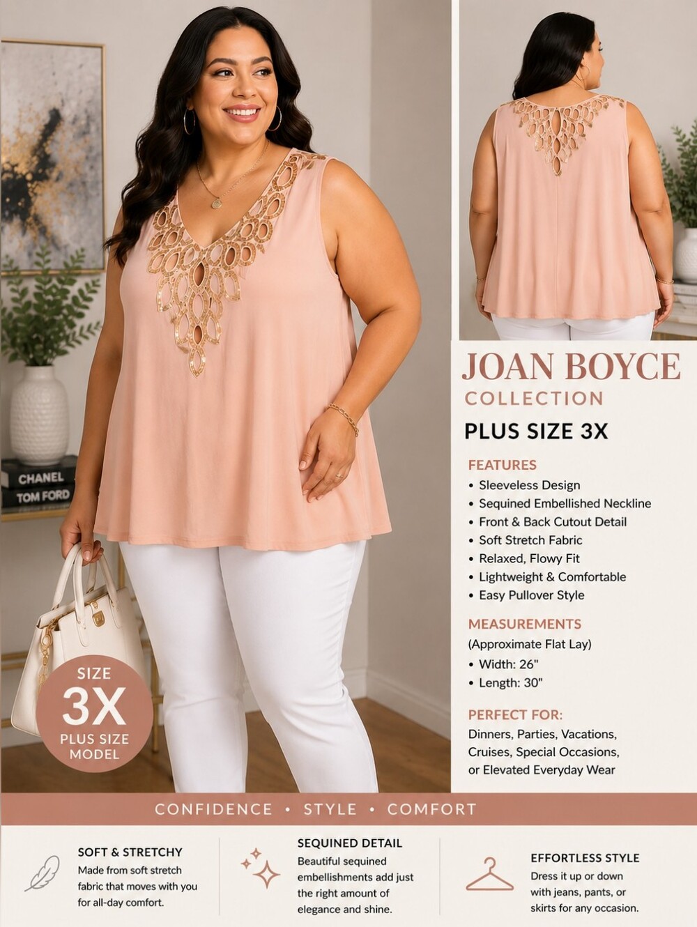 Joan Boyce Blush Pink Sequined Sleeveless Tunic Top Plus Size 3X